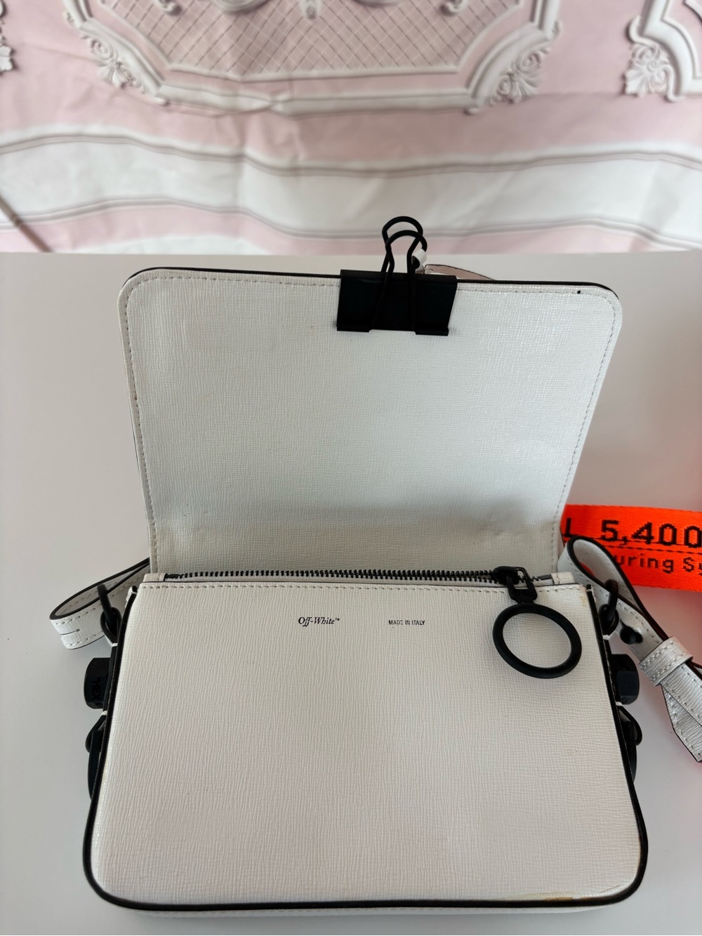 Off-White White and Black Diagonal Stripe Crossbody with Neon Orange Strap - Picture 7 of 7
